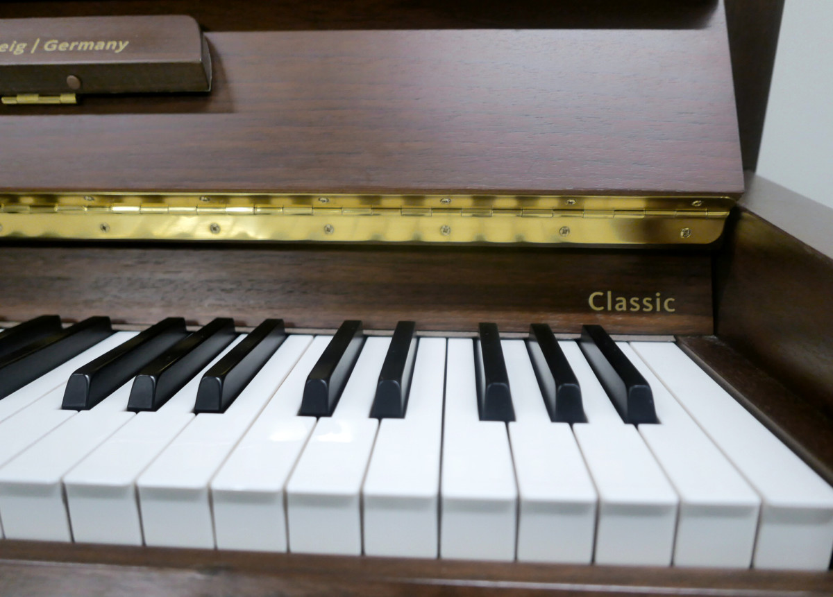 piano vertical Schimmel C 166 Silent Y #364826 detalle classic teclado teclas
