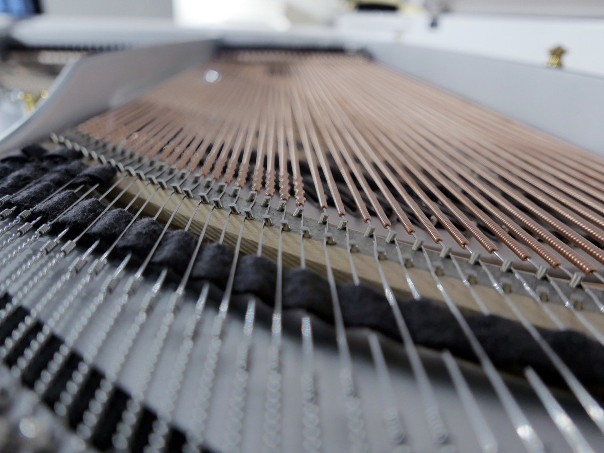 piano de cola Steinway & Sons M170 blanco #173658 vista trasera cuerdas fieltros